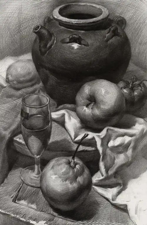 质感和空间非常好的组合素描静物三张高清图片