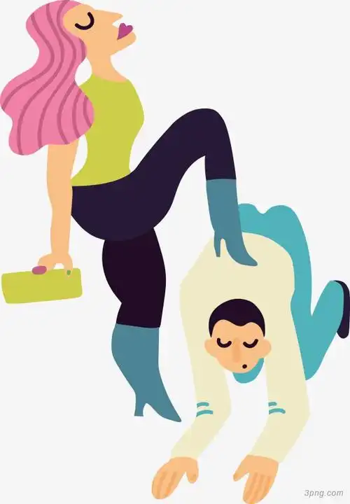 手绘踩在男士上的女子png素材透明免抠图片-卡通手绘