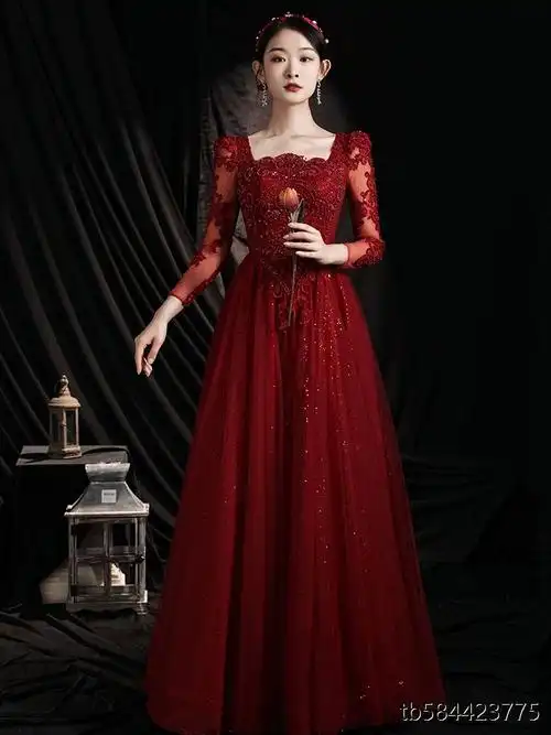 初心敬酒新娘新款结婚红色长袖订婚宴会晚礼服礼服