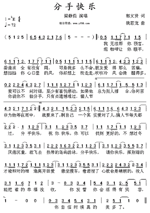 梁静茹分手快乐简谱,梁静茹分手快乐歌谱,梁静茹分手快乐歌词,曲谱