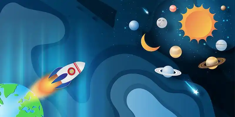 星地球空蓝色宇宙星空火箭星际科幻卡通儿童开学季背景素材