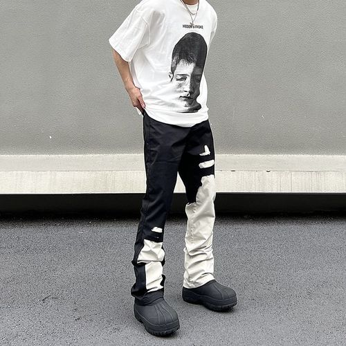 定途矮个子男生穿的瘦版修身学生直筒裤痞帅不规则撞色拼接牛仔裤男潮