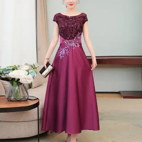 真丝婚礼妈妈礼服女夏季高端早秋年轻喜婆婆婚宴装连衣裙高贵气质