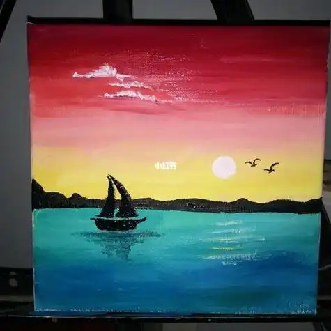 日落水粉画水粉画 落日95《湖边夕阳》水粉b创意儿童绘画水粉风景画