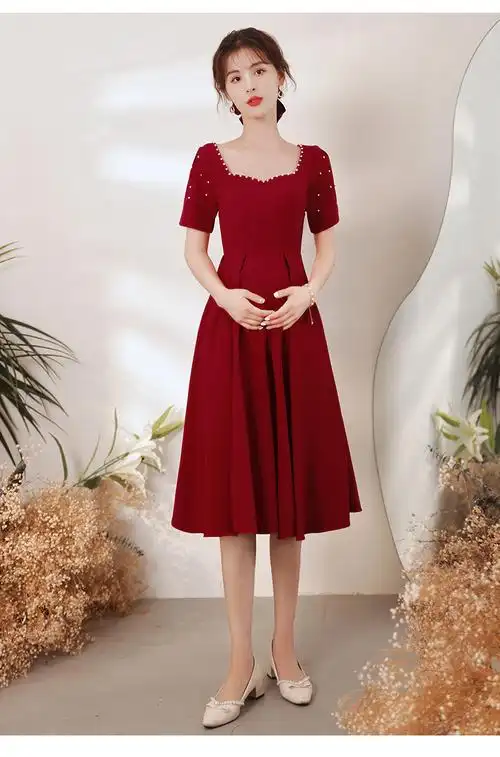 夏季敬酒服新娘孕妇结婚礼服平时可穿回门小个子女生穿的订婚红裙子婚