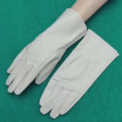 白色皮革礼仪手套女男加绒保暖纯色全指表演跳舞拍照片短款皮手套