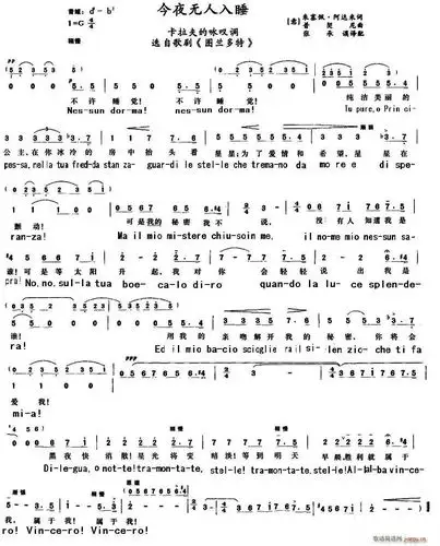 今夜无人入睡(含意大利歌词) 乐队 歌谱简谱网