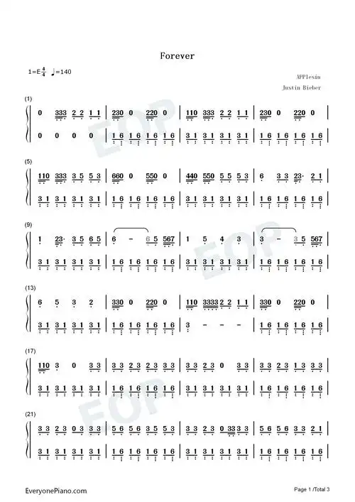 bieber双手简谱预览1-钢琴谱文件(五线谱,双手简谱,数字谱,midi,pdf)