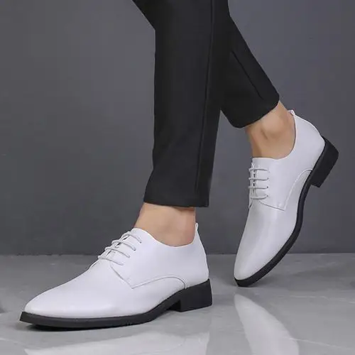 韩版休闲内增高尖头白色皮鞋男英伦商务正装真皮透气新郎男士皮鞋