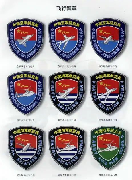 07式臂章用料为涤纶电脑织绣片;几种空军臂章均为深藏青底色.