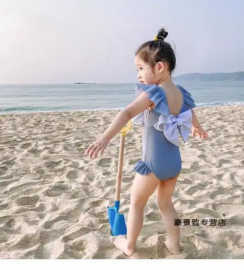 ins泳衣女童可爱蝴蝶结宝宝连体女孩3岁小童游泳衣小公主泳装墨绿珍珠