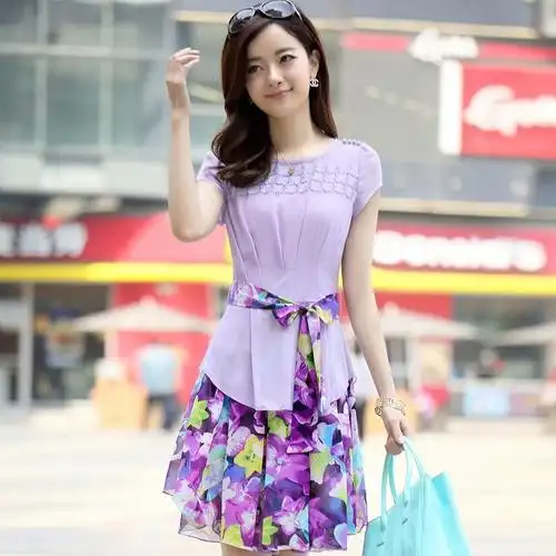 豆鱼之吻2014夏装新款女装时尚气质淑女雪纺收腰连衣裙8815
