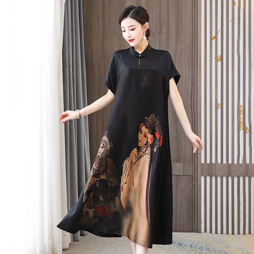 中国风香云纱真丝旗袍连衣裙夏女妈妈高贵时尚年轻款大码遮肚正宗