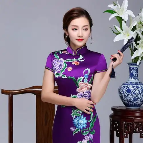 紫罗兰叶子牡丹手推绣长款真丝旗袍货号ry10035