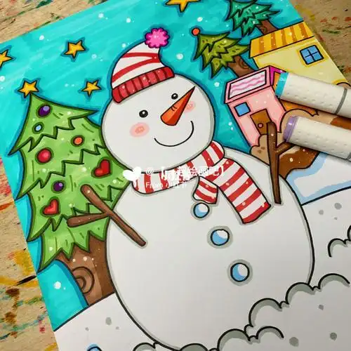 雪景简笔画马克笔