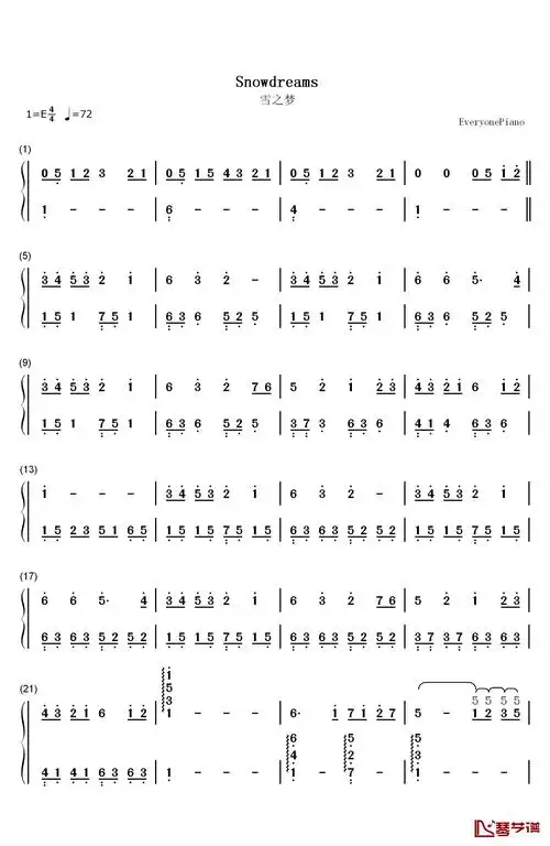 雪之梦钢琴简谱-数字双手-班得瑞 bandari简谱 - 曲谱歌词网