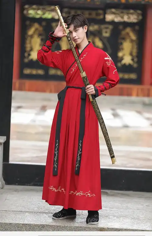 汉服男武侠风帅气中国风侠客大码cp绣花交领襦裙学生班服表演服装红色