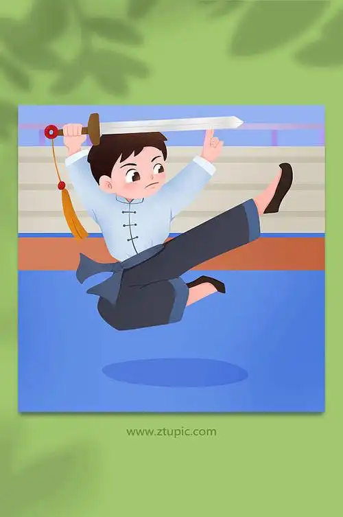 棍女侠武术人物插画卡通可爱武术训练武术人物插画橙色拳击馆培训招