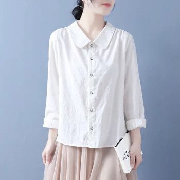 春秋新款复古文艺休闲棉麻长袖衬衫女宽松森系娃娃领纯色上衣薄 白色