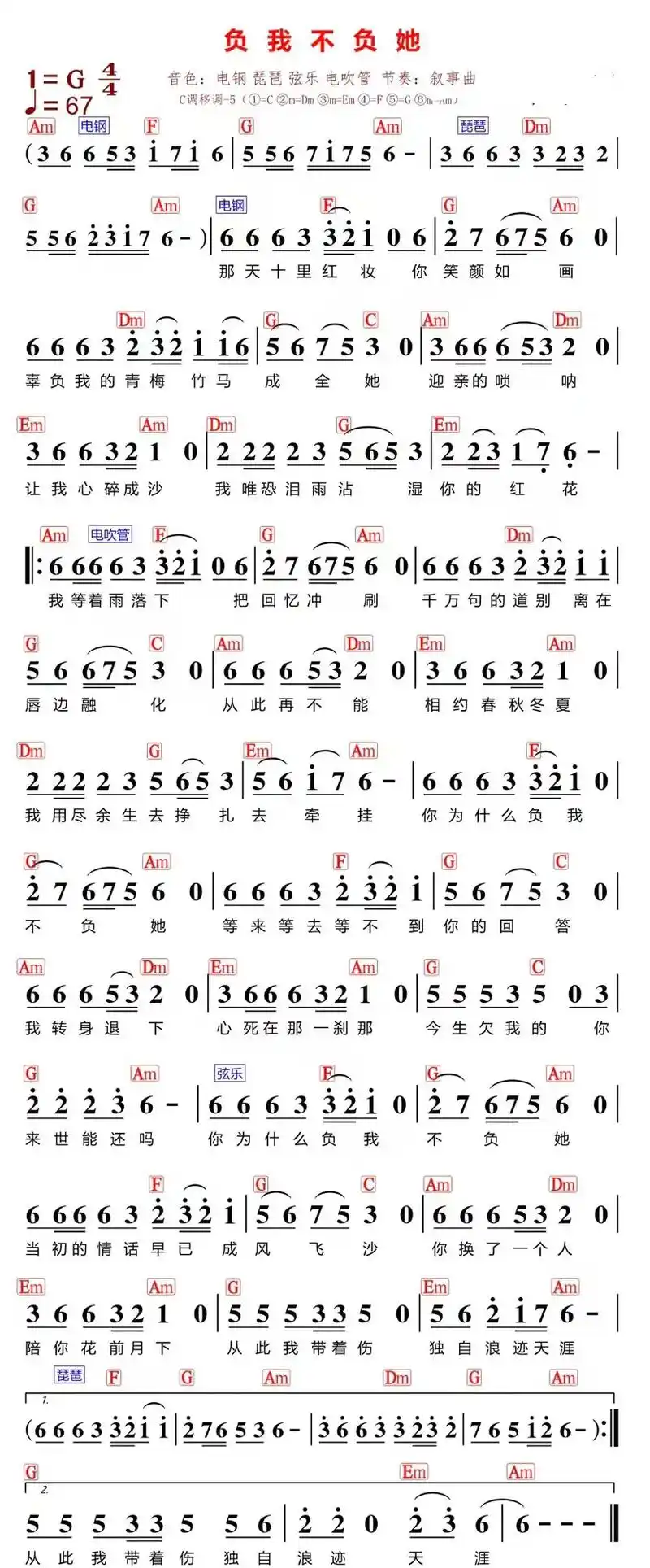 负我不负他电子琴和弦简谱 - 抖音