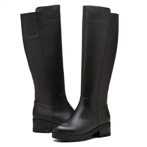 红蜻蜓女棉鞋冬正品真皮高筒靴加绒皮靴粗跟高跟侧拉链长靴