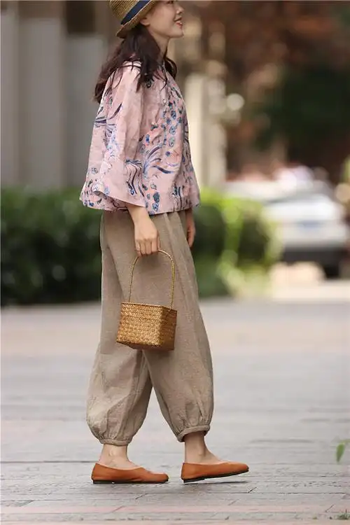 高端原麻色粗粝感纯亚麻九分灯笼裤松紧腰休闲宽松显瘦收口阔腿裤