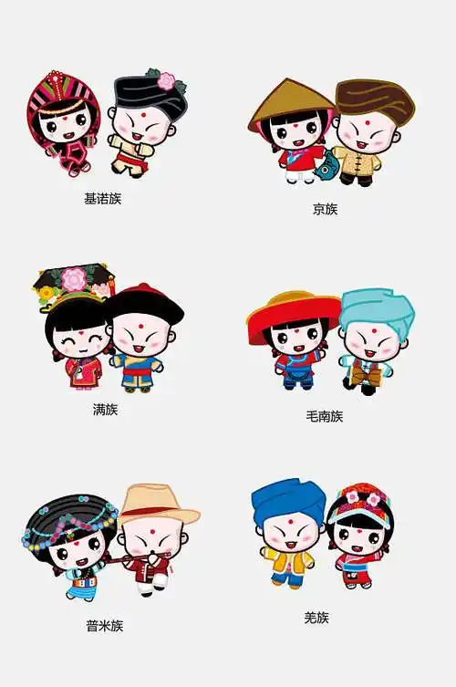 卡通大气五十六个民族传统人物免抠元素