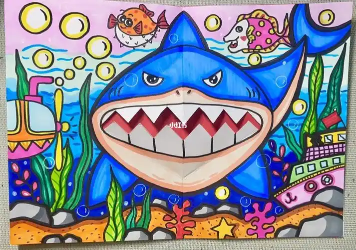 鲨鱼来啦,00立体手工大鲨鱼,会张嘴的大鲨鱼#鲨鱼  #鲨鱼儿童画