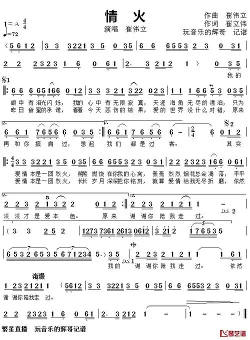 情火简谱(歌词)-崔伟立演唱-玩音乐的辉哥曲谱1