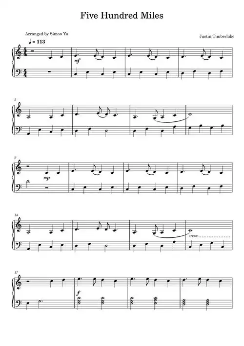 fivehundredmiles钢琴谱justintimberlake