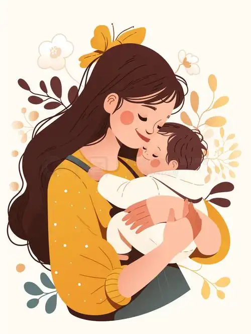 妈妈抱着宝宝母婴卡通人像水彩插图