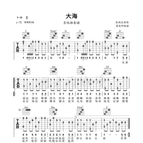《大海》指弹独奏电子版吉他谱 带分段教学 c调指法简单好弹好听