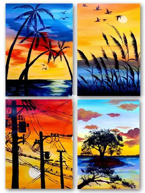 水粉绘画夕阳下的剪影