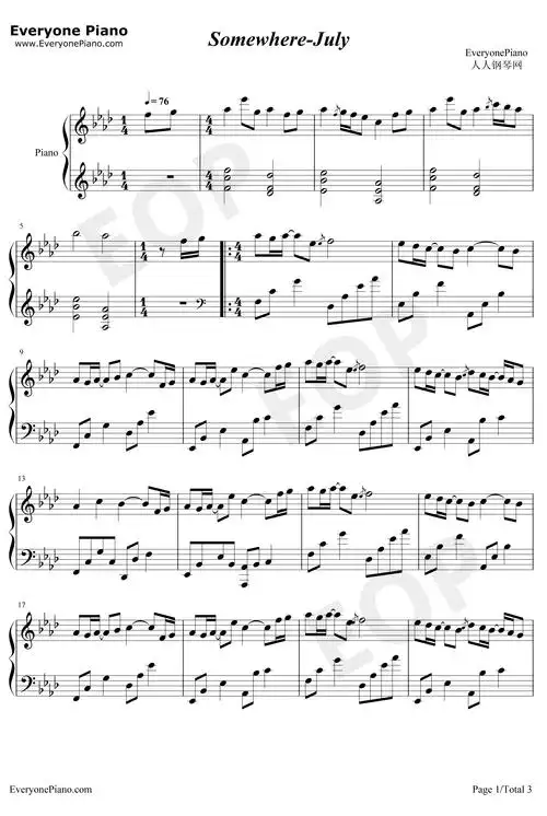 somewhere钢琴谱_july