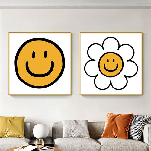 村上隆太阳花装饰画黄色笑脸挂画ins风治愈系电视柜桌面摆画壁画