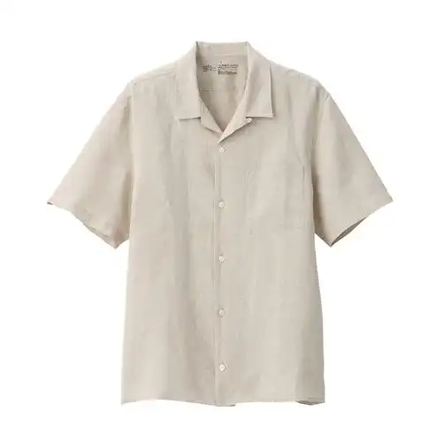 无印良品 muji 男式 法国亚麻水洗 开领短袖衬衫