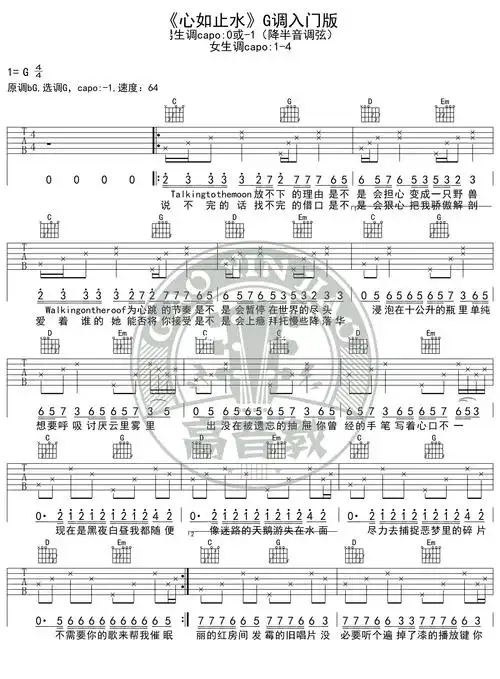 《心如止水》吉他谱 吉他弹唱教学g调入门版 高音教编配