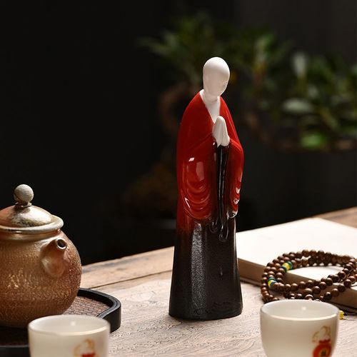 创意陶瓷红衣小和尚摆件家居客厅玄关酒柜装饰中式禅意人物小沙弥