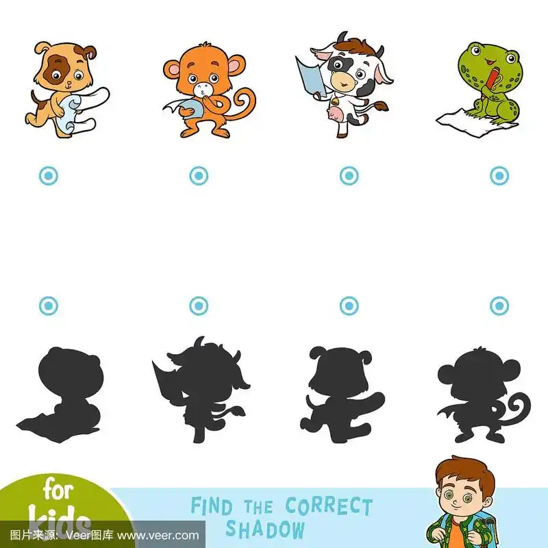 找到正确的影子,教育游戏.卡通动物套装