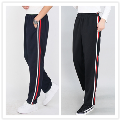 初中校服裤子男小学生藏蓝色白红双条校裤女两道杠直筒运动红白条