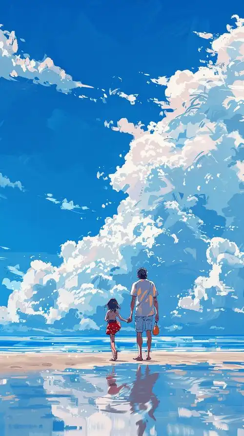 创意快乐父亲节在海边散步父女海洋大海沙滩背影