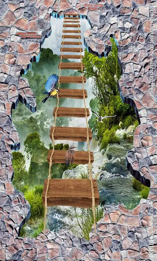 3d风景玄关吊桥桥流水生财背景图片