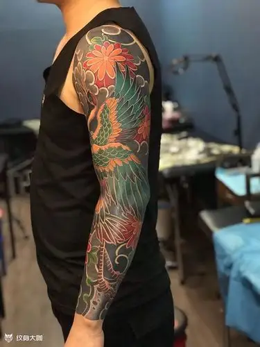 传统花臂鹤花臂鹤,用针圆九,排15,用时20小时_纹身大咖图库