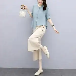 棉麻阔腿裤套装女夏季2021新款大码女装气质女神范显瘦薄款两件套