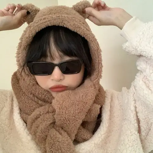 围巾jennie同款可爱小熊毛绒绒帽子一体保暖围巾