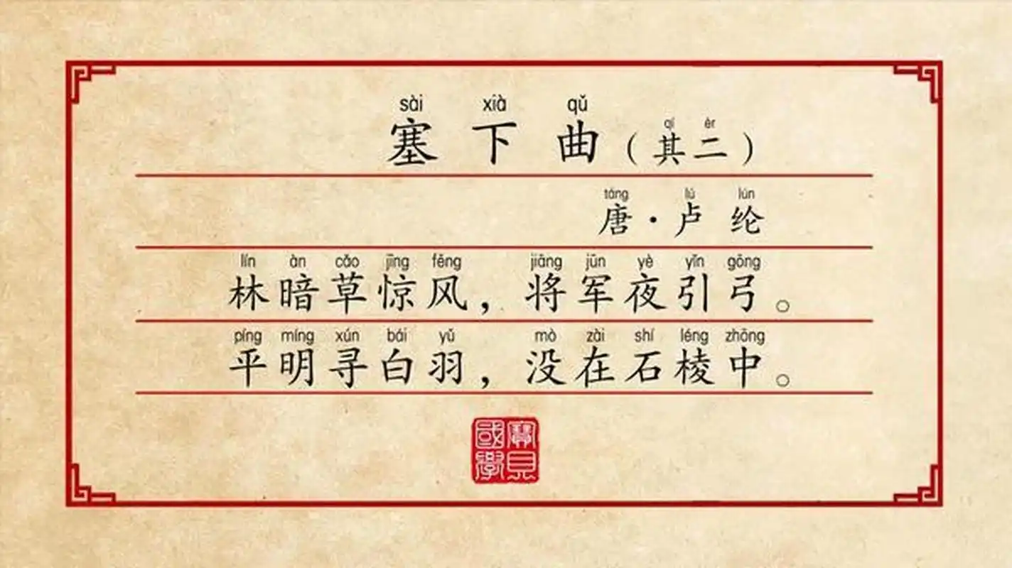 塞下曲 [唐]卢纶 林暗草惊风,将军夜引弓.平明寻白羽,没在石棱中.