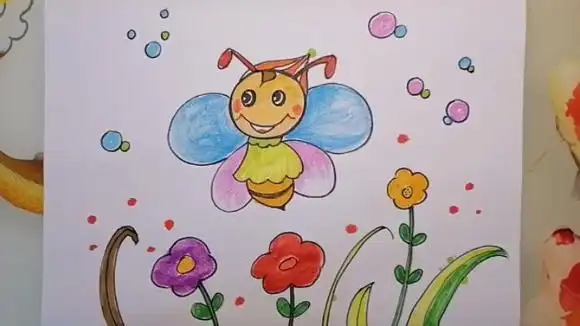 花丛中的小蜜蜂好开心儿童画