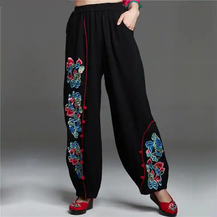 民族风刺绣花灯笼裤黑色直筒阔腿裤女长裤 - 抖音