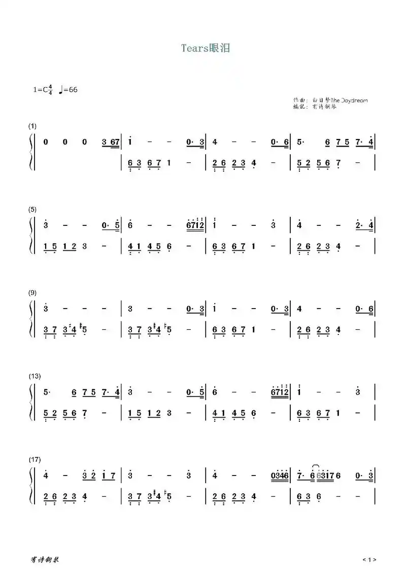简易版《眼泪tears》双手钢琴简谱分享!#钢琴简谱 #钢琴 - 抖音