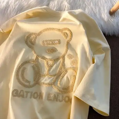 奶黄色显白小熊刺绣t恤女夏季宽松ins潮牌日系古着短袖上衣体恤衫